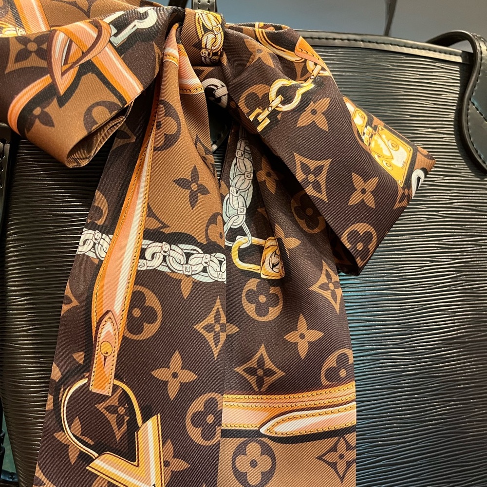 Luxury clover flower brown gold Pattern Scarf LONG 44” W3” easy tie on bag - Picture 3 of 4